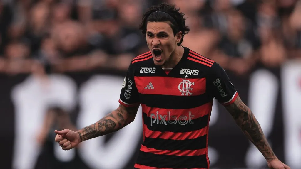 Pedro comemora gol pelo Flamengo em 2024. Foto: Ettore Chiereguini/AGIF