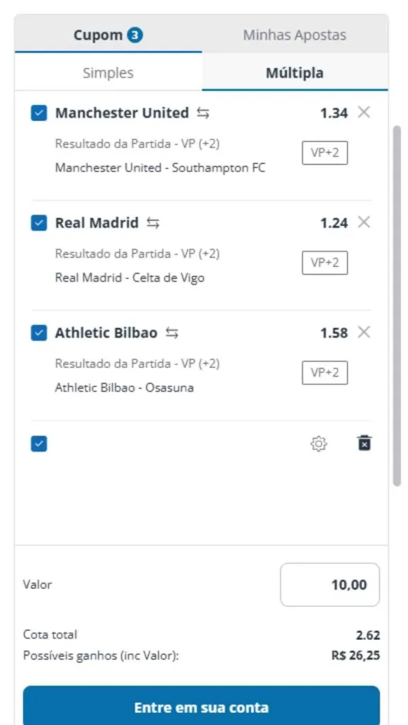 Captura de tela de um bilhete de apostas no site da Sportingbet