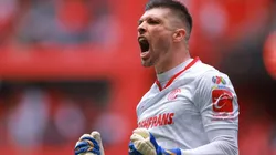 TOLUCA, MEXICO - APRIL 23: Tiago Volpi of Toluca celebrates after scoring by penalty the team's first goal during the 16th round match between Toluca and FC Juarez as part of the Torneo Clausura 2023 Liga MX at Nemesio Diez Stadium on April 23, 2023 in Toluca, Mexico. (Photo by Hector Vivas/Getty Images)