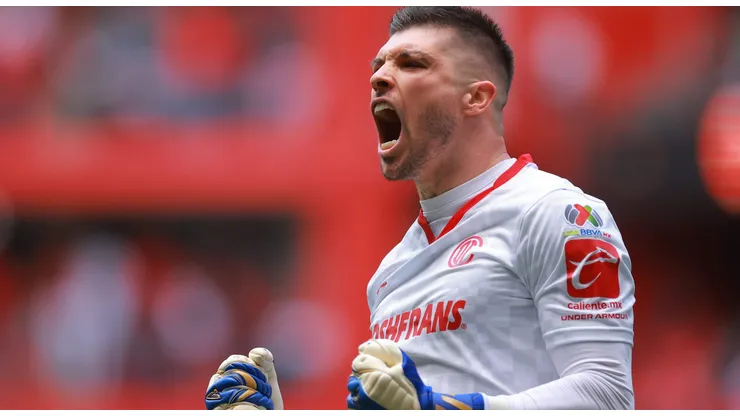 TOLUCA, MEXICO - APRIL 23: Tiago Volpi of Toluca celebrates after scoring by penalty the team's first goal during the 16th round match between Toluca and FC Juarez as part of the Torneo Clausura 2023 Liga MX at Nemesio Diez Stadium on April 23, 2023 in Toluca, Mexico. (Photo by Hector Vivas/Getty Images)