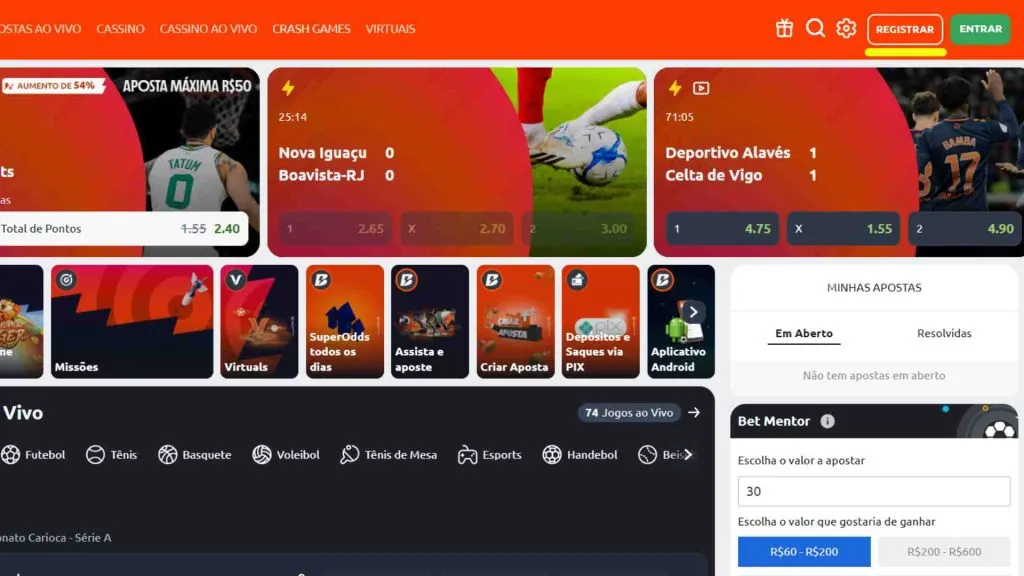 Toque em “Registrar” no canto superior direito