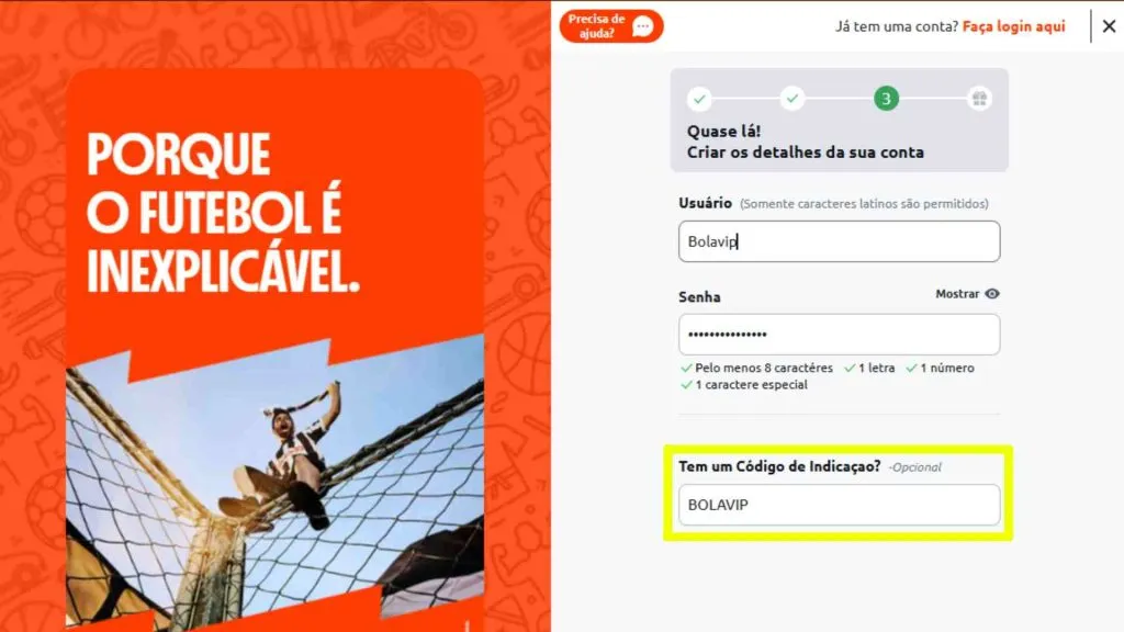 Informe o Código BOLAVIP no campo destacado