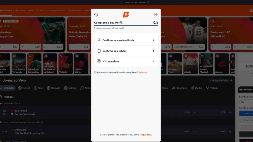 Confirme sua nacionalidade e telefone celular para seguir a verificação.