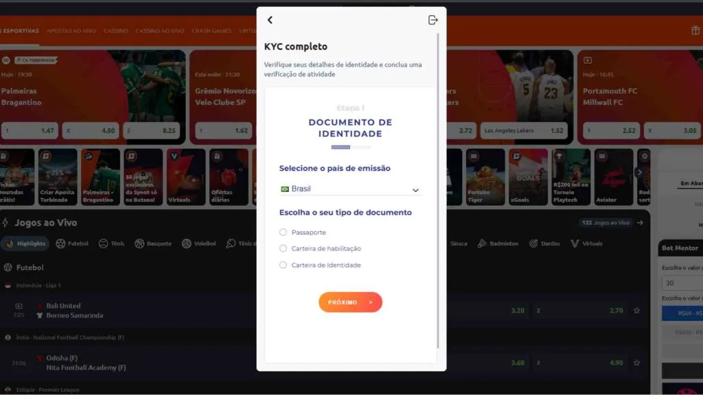 Escolha entre Passaporte, CNH ou RG para realizar a verificação.