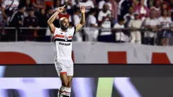 Lucas jogador do São Paulo comemora seu gol durante partida contra o Corinthians no estádio Morumbi pelo campeonato Paulista 2025. Foto: Marcello Zambrana/AGIF