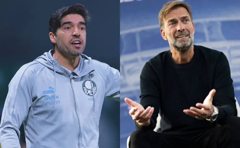 Abel Ferreira, técnico do Palmeiras x Jürgen Klopp, ex-Liverpool, da Inglaterra e atual diretor global de futebol da Red Bull Bragantino. Foto: Ettore Chiereguini/AGIF; Joerg Mitter/Getty Images