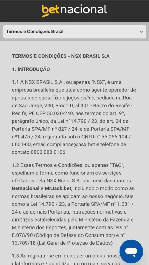 Captura de tela da versão mobile do site da Betnacional mostrando os Termos e condições para abertura de conta na empresa.