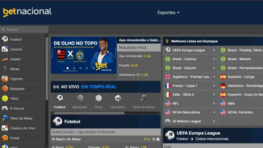 Captura de tela do site da Betnacional mostrando as opções iniciais de apostas.