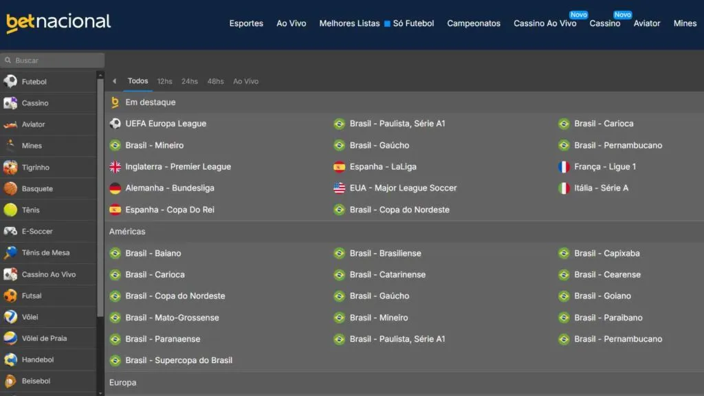 Captura de tela do site da Betnacional mostrando as opções de eventos para apostar em futebol.