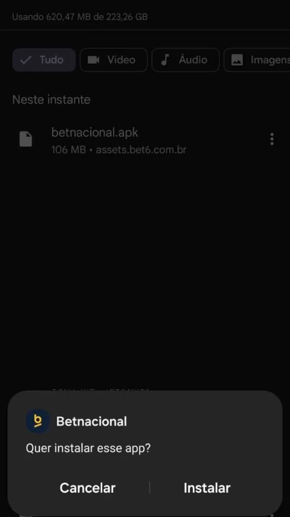 Captura de tela da versão mobile do site da Betnacional mostrando o final do processo de instalação do aplicativo