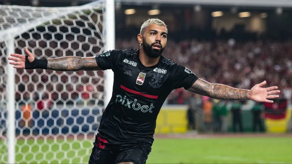 PA – BELEM – 31/01/2024 – CARIOCA 2024, SAMPAIO CORREA X FLAMENGO – Gabi ex-jogador do Flamengo comemora seu gol durante partida contra o Sampaio Correa no estadio Mangueirao pelo campeonato Carioca 2024. Foto: Fernando Torres/AGIF