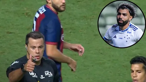 Gabigol fez 'hat-trick' em goleada do Cruzeiro, mas um dos pênaltis marcados por árbitro virou polêmica - Fotos: Reprodução/Premiere e Gustavo Aleixo/CEC