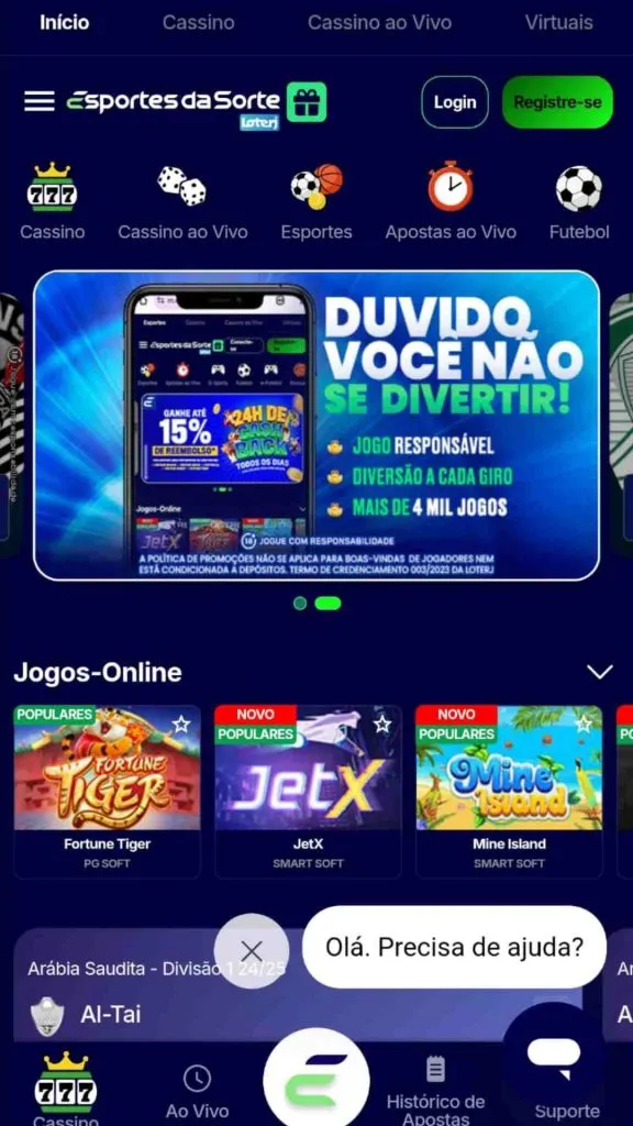 Captura de tela com a home page do site da Esportes da Sorte.