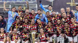 Jogadores do Flamengo comemoram titulo de campeão após partida contra o Botafogo no Mangueirão pela decisão da Supercopa 2025. Foto: Fernando Torres / AGIF