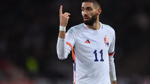 COLOGNE, GERMANY – MARCH 28: Yannick Carrasco of Belgium gestures during an international friendly match between Germany and Peru at RheinEnergieStadion on March 28, 2023 in Cologne, Germany. (Photo by Stuart Franklin/Getty Images)