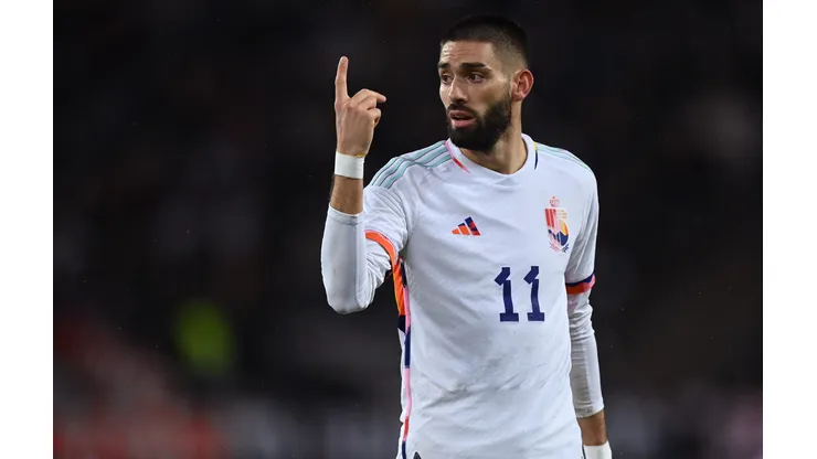 COLOGNE, GERMANY - MARCH 28: Yannick Carrasco of Belgium gestures during an international friendly match between Germany and Peru at RheinEnergieStadion on March 28, 2023 in Cologne, Germany. (Photo by Stuart Franklin/Getty Images)
