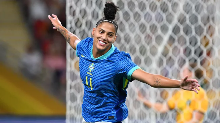 Amanda Gutierres comemorando gol contra a Austrália (Bradley Kanaris/Getty Images)