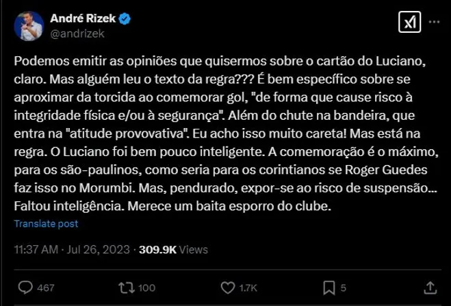 Publicação de André Rizek em 2023, após a comemoração de Luciano contra o Corinthians. Foto: Reprodução