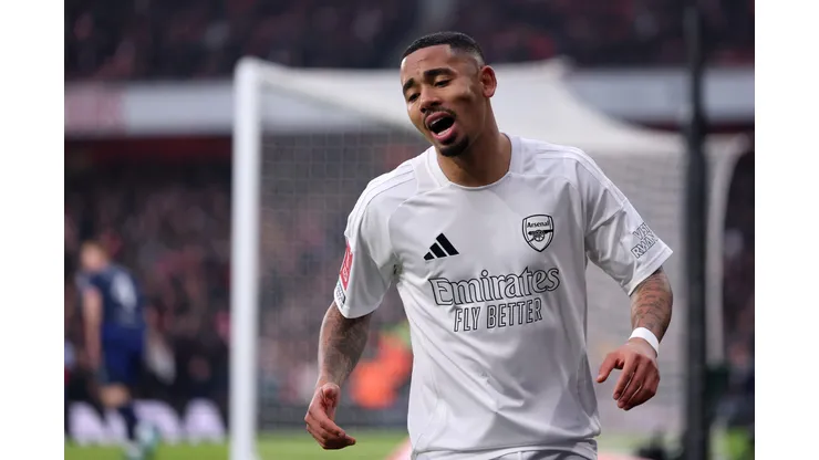 LONDON, ENGLAND - JANUARY 12: Gabriel Jesus of Arsenal reacts during the Emirates FA Cup Third Round match between Arsenal and Manchester United at Emirates Stadium on January 12, 2025 in London, England. Arsenal are playing in a special all-white kit for today's FA Cup third-round tie as part of their ‘No More Red’ initiative which was launched in collaboration with Adidas in 2022 to keep young people safe from knife crime. (Photo by Julian Finney/Getty Images)