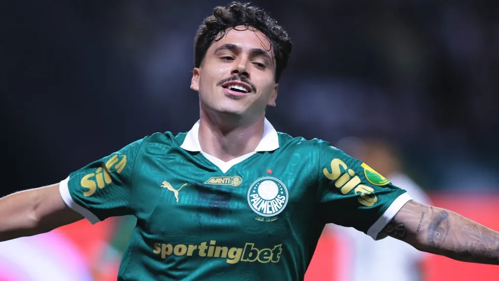 Maurício jogador do Palmeiras comemora seu gol durante partida contra o Portuguesa no estádio Arena Allianz Parque pelo campeonato Paulista 2025. Foto: Ettore Chiereguini/AGIF