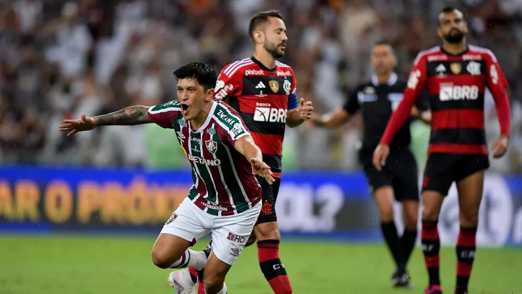 German Cano jogador do Fluminense comemora seu gol durante partida contra o Flamengo no estádio Maracanã pelo campeonato Carioca 2023. Foto: Thiago Ribeiro/AGIF