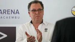 Marcelo Teixeira, presidente do Santos, durante lançamento do terceiro uniforme no Paulo Machado de Carvalho, no bairro do Pacaembu, em Sao Paulo. Foto: Reinaldo Campos / AGIF