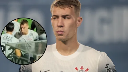 Charles durante partida entre Grêmio e Corinthians, no Couto Pereira, pelo Brasileirão 2024. Fotos: Robson Mafra/AGIF e Reprodução/Meu Timão