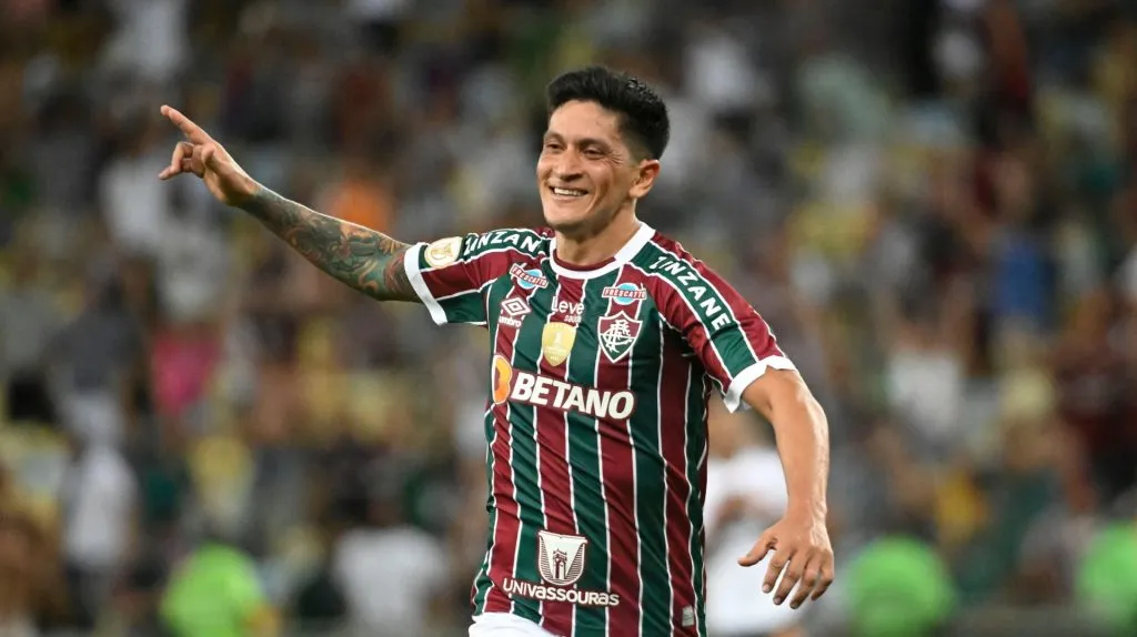 German Cano comemora gol marcado pelo Fluminense em partida diante do São Paulo. Foto: Andre Paes&nbsp;/ Alamy&nbsp;Stock Photo