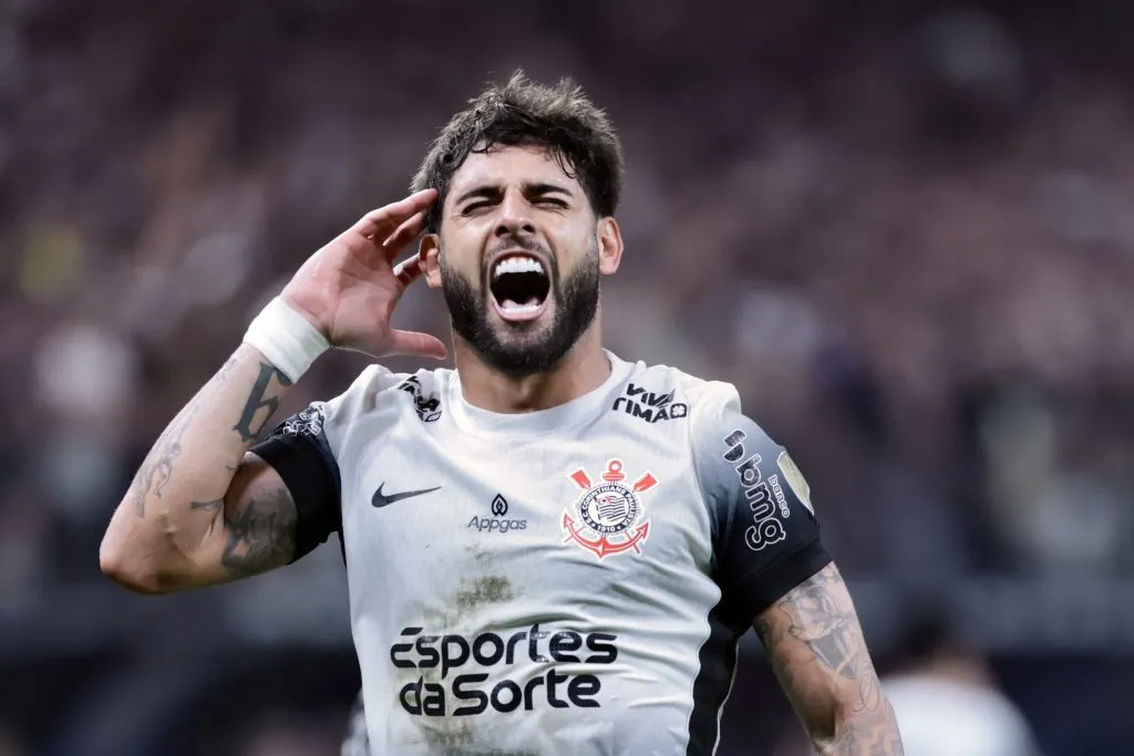 Yuri Alberto comemorando seu gol durante partida contra o Universidad Central no estadio Arena Corinthians pelo campeonato Copa Libertadores 2025. Foto: Marcello Zambrana/AGIF