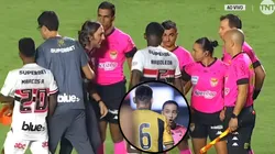 Zubeldía ficou irritadíssimo com Edina e precisou ser contido em discussão com árbitra - Fotos: Reprodução/TNT e Marcello Zambrana/AGIF