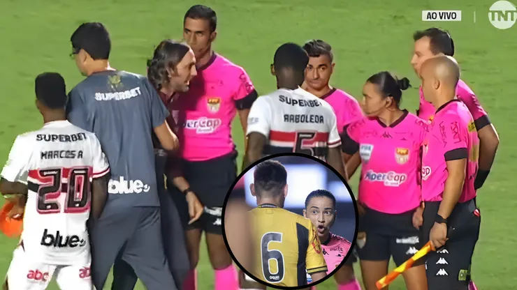 Zubeldía ficou irritadíssimo com Edina e precisou ser contido em discussão com árbitra - Fotos: Reprodução/TNT e Marcello Zambrana/AGIF