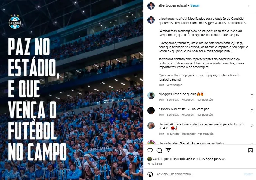 Publicação do presidente sobre o Gre-Nal. Foto: Reprodução/Instagram oficial Alberto Guerra