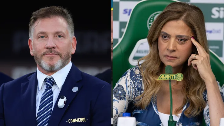 Alejandro Domínguez, presidente da Conmebol, deu satisfação a Leila no fim da tarde desta 6ª sobre caso de racismo contra jogador do Palmeiras - Fotos: Buda Mendes/Getty Images e Ettore Chiereguini/AGIF