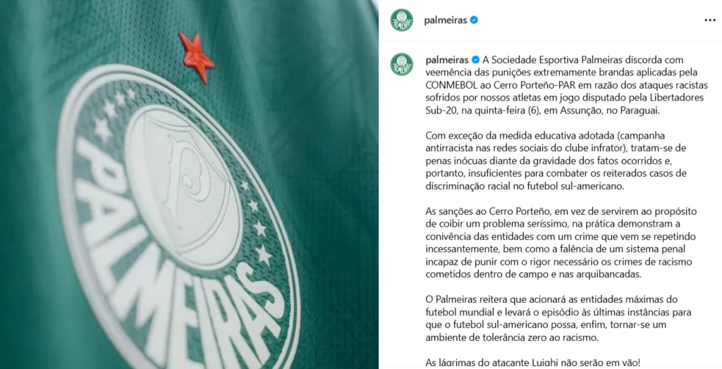 O Palmeiras postou a nota por meio do Instagram