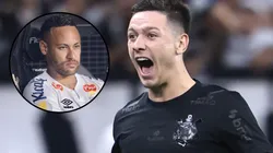 Garro comemorando gol e Neymar no banco durante a semifinal do Campeonato Paulista, na Neo Química Arena. Fotos: Marcello Zambrana/AGIF