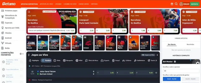 Página inicial da Betano mostrando as principais apostas disponíveis.