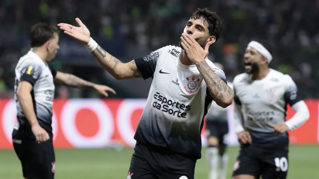 Yuri Alberto, jogador do Corinthians, comemora seu gol durante partida contra o Palmeiras no estadio Arena Allianz Parque – Foto: Marcello Zambrana/AGIF