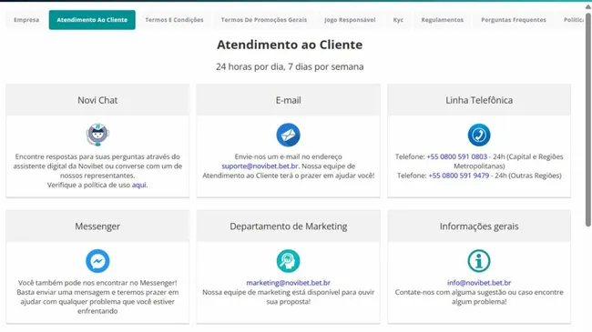 Captura de tela do site oficial da Novibet indicando as opções de canais de atendimento ao cliente.