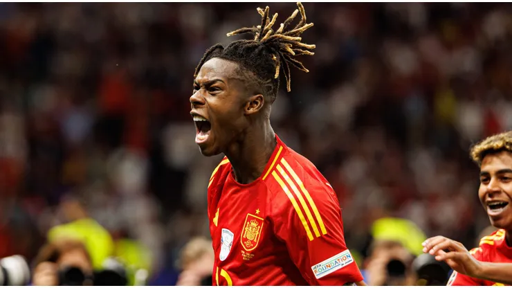 Nico Williams comemora gol marcado pela Espanha na final da Eurocopa. Foto: Maciej Rogowski / Alamy Stock Photo