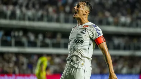 Diego Pituca, jogador do Santos, comemora gol de Luan Peres durante partida contra o Mirassol no estadio Vila Belmiro pelo campeonato Brasileiro B 2024. Foto: Marco Miatelo/AGIF