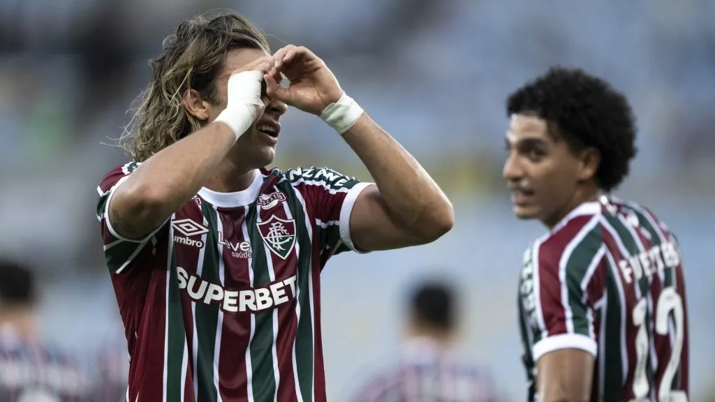 Canobbio, jogador do Fluminense, comemora seu gol durante partida contra o Volta Redonda, pelo Campeonato Carioca. Foto: Jorge Rodrigues/AGIF.