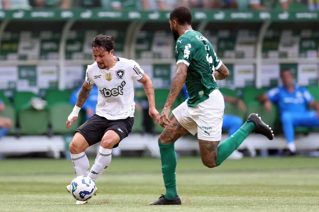 Arthur Victor, jogador do Botafogo disputa lance com adversário do Palmeiras na estreia pelo Brasileirão. Foto: Vítor Silva/ BFR