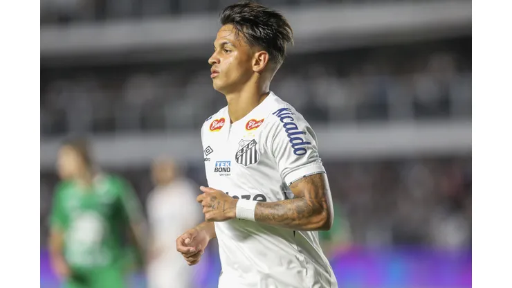 Weslley Patati jogador do Santos durante partida contra o Chapecoense no estádio Vila Belmiro pelo campeonato Brasileiro B 2024. Foto: Reinaldo Campos/AGIF