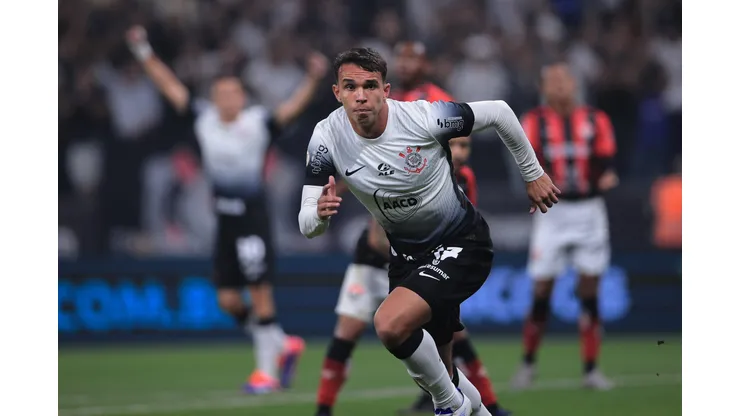 Giovane jogador do Corinthians comemora seu gol durante partida contra o Vitoria no estádio Arena Corinthians pelo campeonato Brasileiro A 2024. Foto: Ettore Chiereguini/AGIF