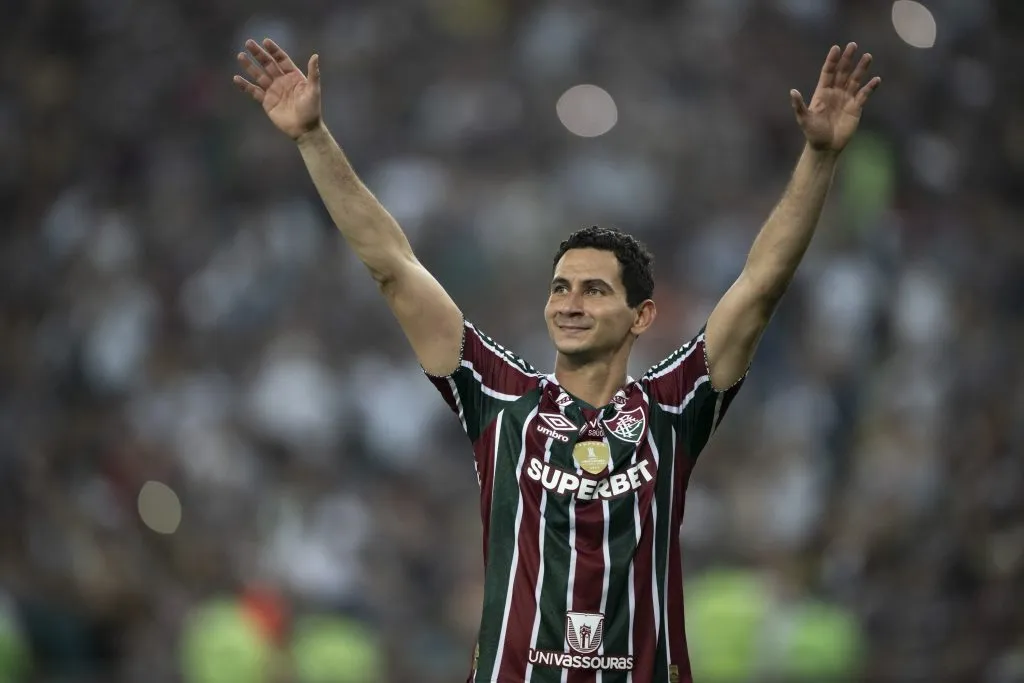 Ganso jogador do Fluminense comemora seu classificação após partida contra o Grêmio no estádio Maracanã pelo campeonato Copa Libertadores 2024. Foto: Jorge Rodrigues/AGIF