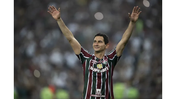 Ganso jogador do Fluminense comemora seu classificação após partida contra o Grêmio no estádio Maracanã pelo campeonato Copa Libertadores 2024. Foto: Jorge Rodrigues/AGIF