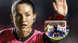 Árbitra Daiane Muniz e jogadores do Cruzeiro reclamando. Fotos : Marcello Zambrana e Maxi Franzoi/AGIF