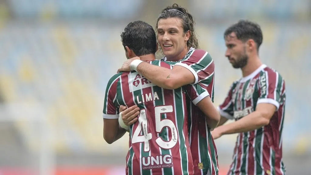 Lima jogador do Fluminense comemora seu gol durante partida contra o Bragantino no estádio Maracanã pelo campeonato Brasileiro A 2025. Foto: Thiago Ribeiro/AGIF