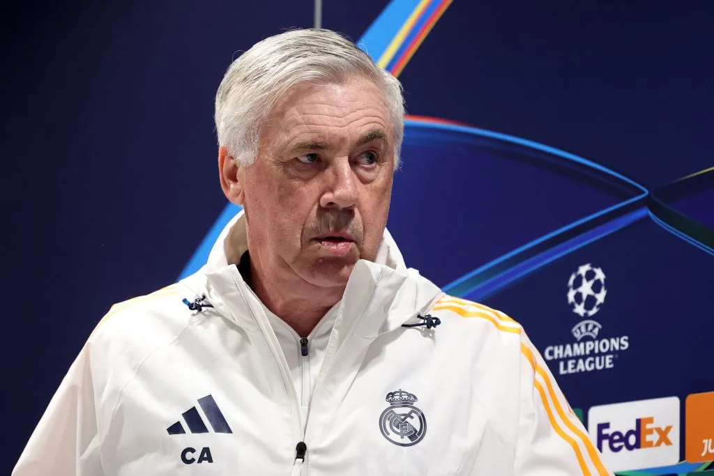 LONDON, ENGLAND – APRIL 07: Carlo Ancelotti, Head Coach of Real Madrid, arrives at the press conference ahead of their UEFA Champions League 2024/25 quarter final first leg match at Sobha Realty Training Centre on April 07, 2025 in London Colney, England. (Photo by Alex Davidson/Getty Images)