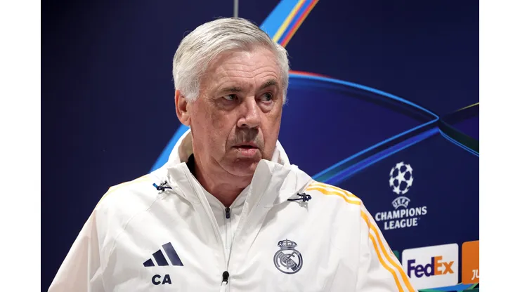 LONDON, ENGLAND - APRIL 07: Carlo Ancelotti, Head Coach of Real Madrid, arrives at the press conference ahead of their UEFA Champions League 2024/25 quarter final first leg match at Sobha Realty Training Centre on April 07, 2025 in London Colney, England. (Photo by Alex Davidson/Getty Images)